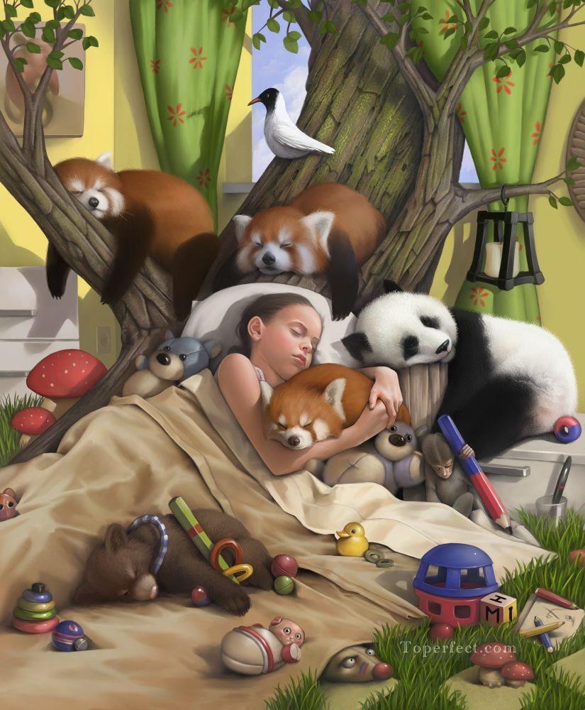 sleeping girl and bear panda monkey Oil Paintings